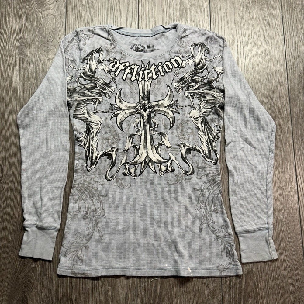Affliction Mens Thermal Shirt Medium Long Sleeve Grey Blue Graphic Cross Y2K